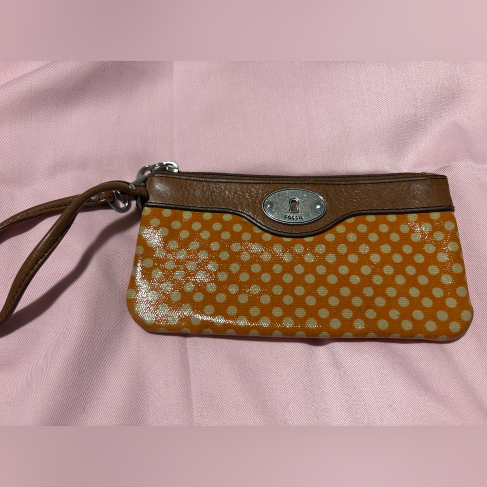 Fossil Brown and Orange Polka Dot Wristlet